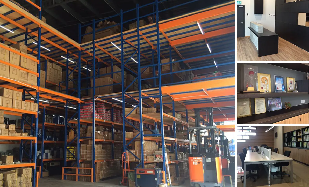 Aik Ta Enterprise warehouse racking and forklift, reception counter, award display and office